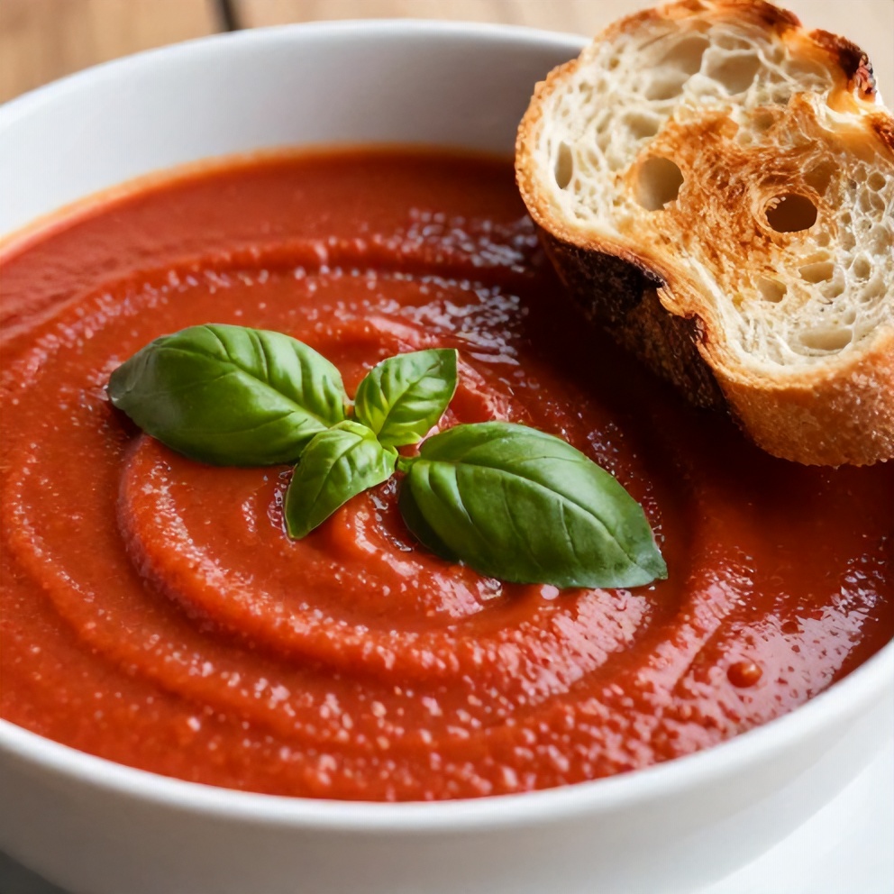 Bowl of creamy tomato soup garnished with fresh basil and a side of crusty bread