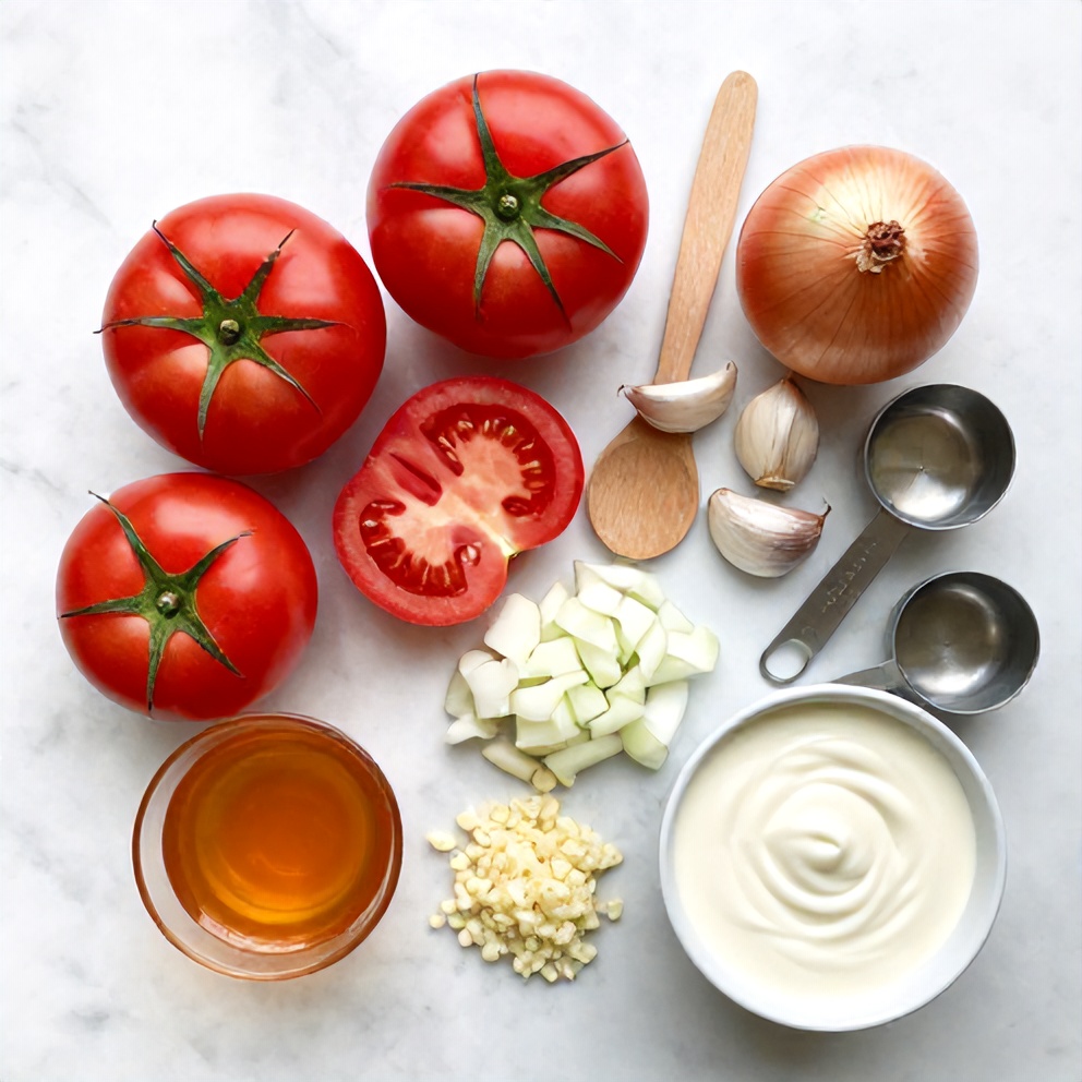 Fresh tomatoes, onions, garlic, vegetable broth, and heavy cream laid out on a wooden surface