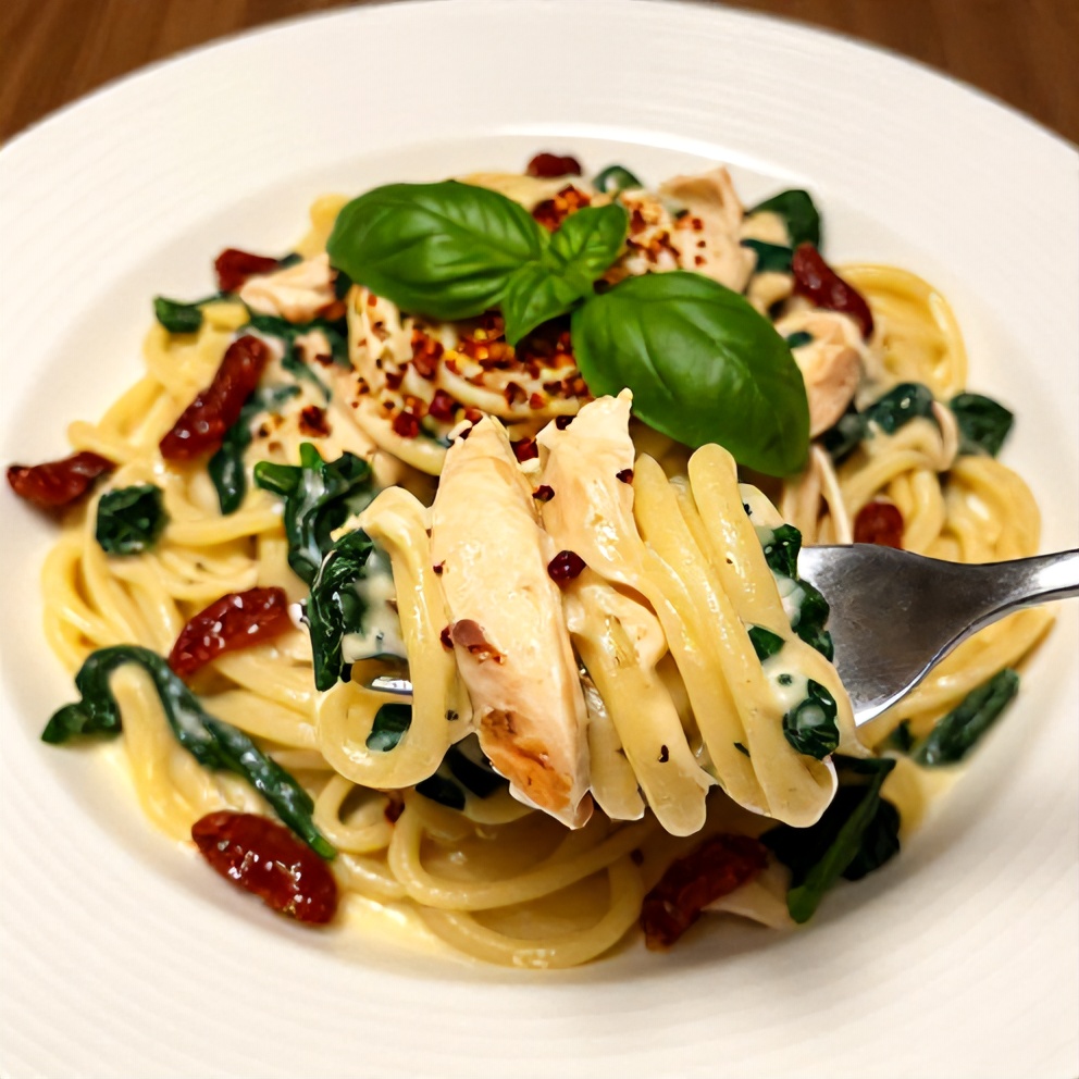 Plated Creamy Tuscan Chicken Pasta