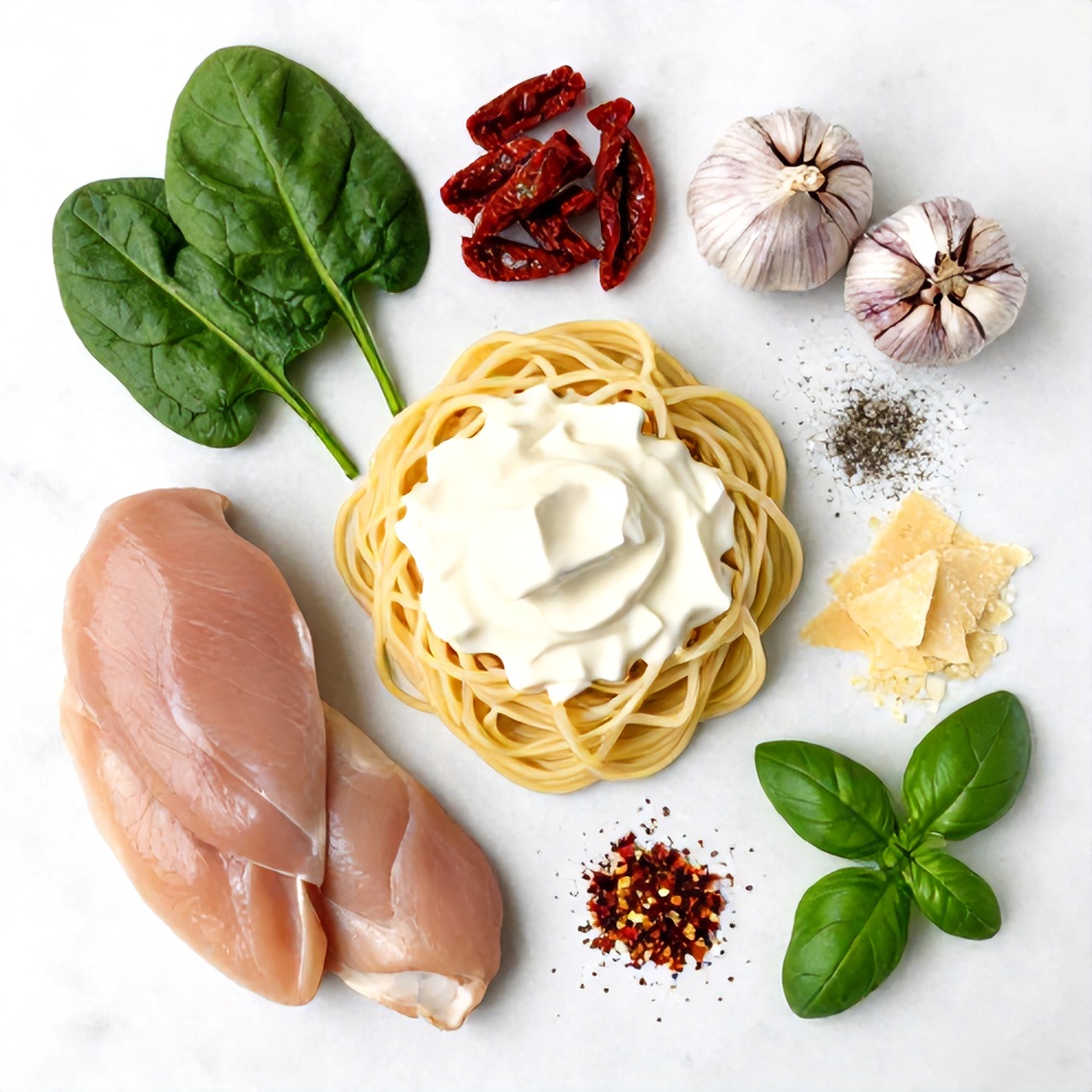 Raw Ingredients for Creamy Tuscan Chicken Pasta