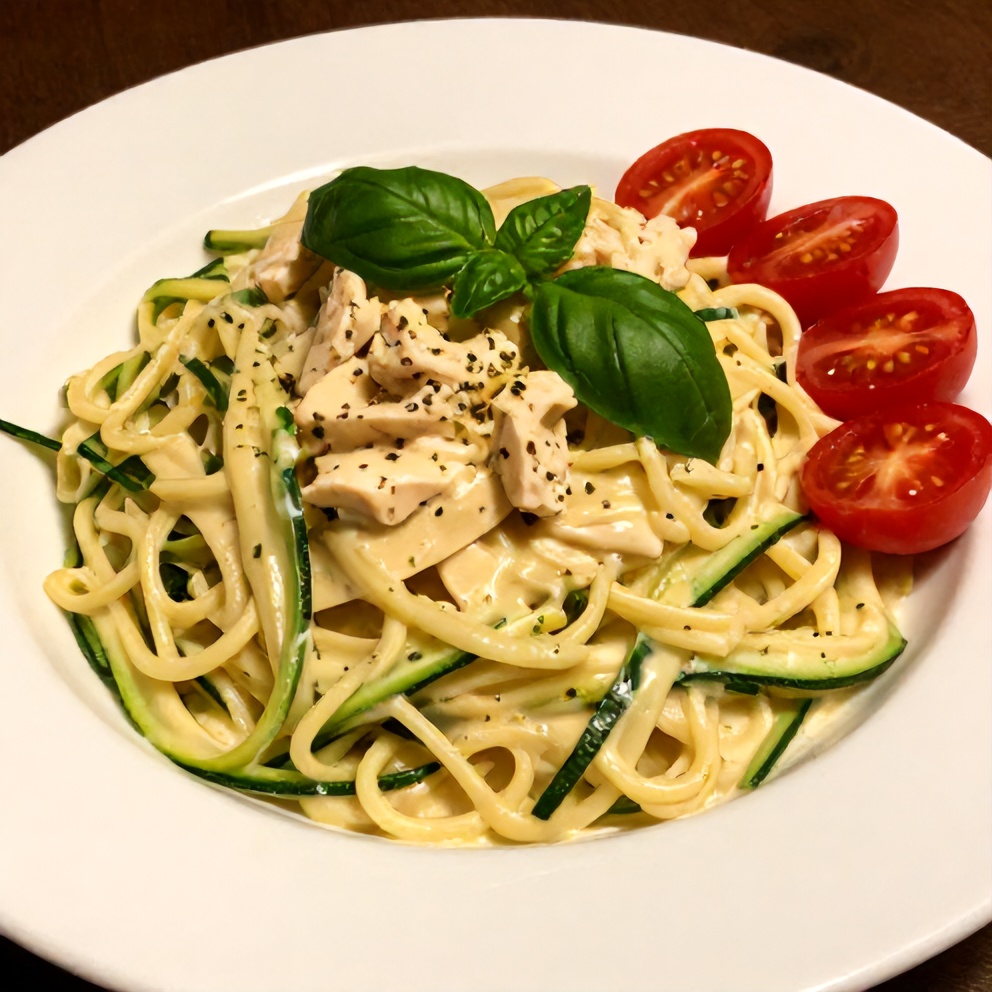Plated Creamy Zucchini Noodle Chicken Alfredo