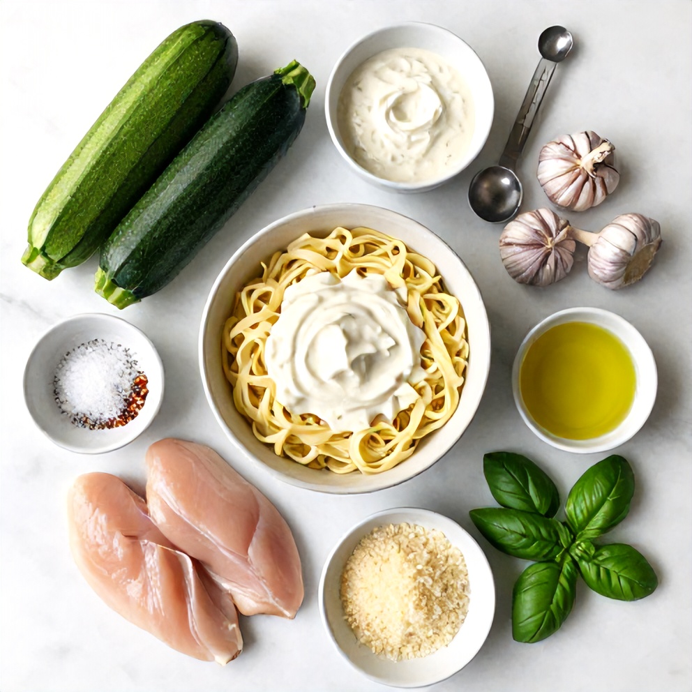 Raw ingredients for Creamy Zucchini Noodle Chicken Alfredo