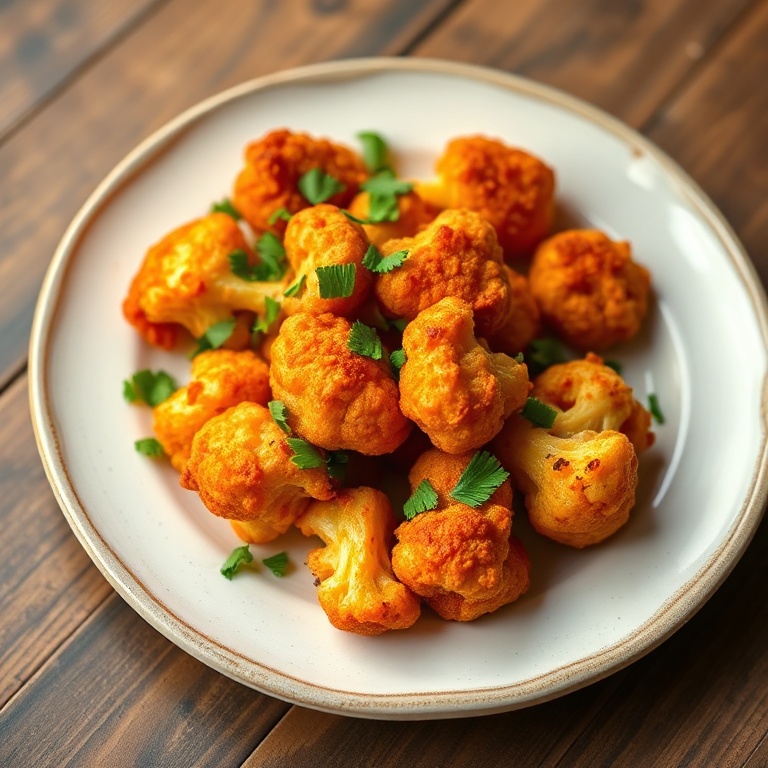 Plated crispy buffalo cauliflower garnished with fresh chopped parsley on a white rustic plate with warm side lighting