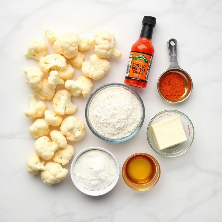 Overhead flat lay of raw cauliflower florets, hot sauce, flour, garlic powder and measuring spoons on white marble surface