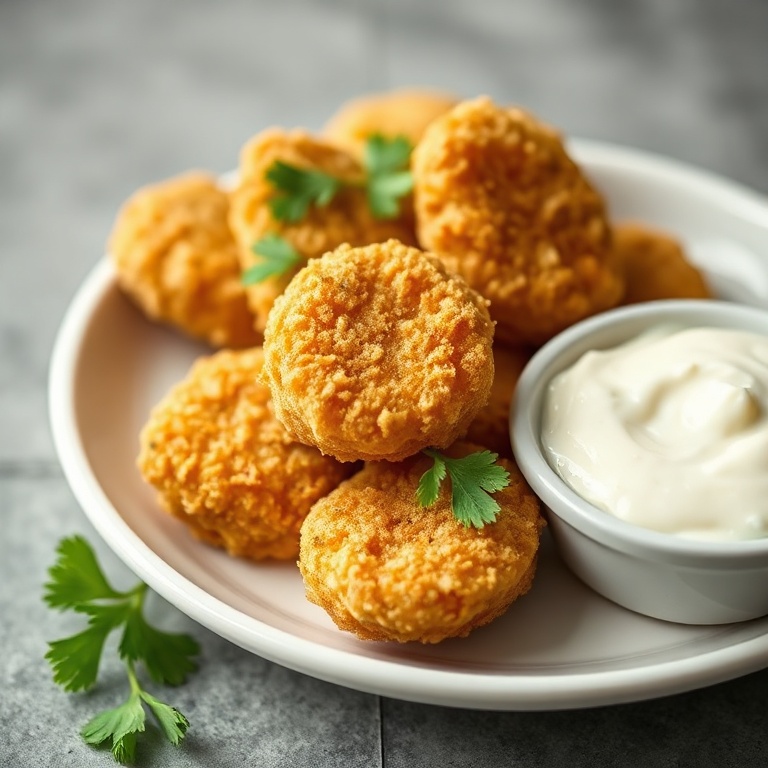 A single plate of crispy air fryer fried pickles garnished with fresh parsley on a white dish with creamy dip in the background under warm side lighting