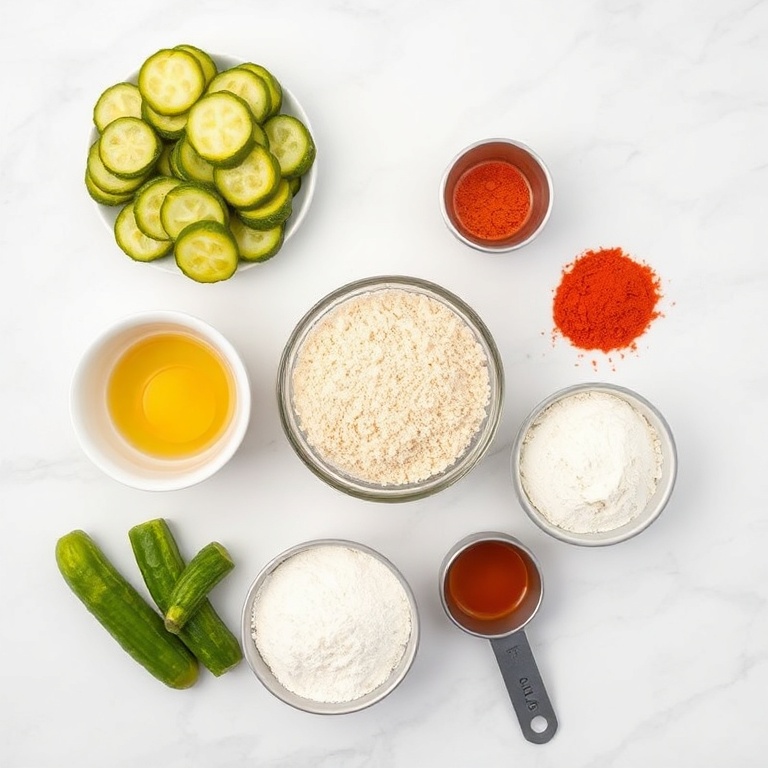 Overhead view of all raw ingredients for crispy air fryer fried pickles including pickles, flour, eggs, breadcrumbs, and spices on a white marble surface with prep bowls and measuring spoons