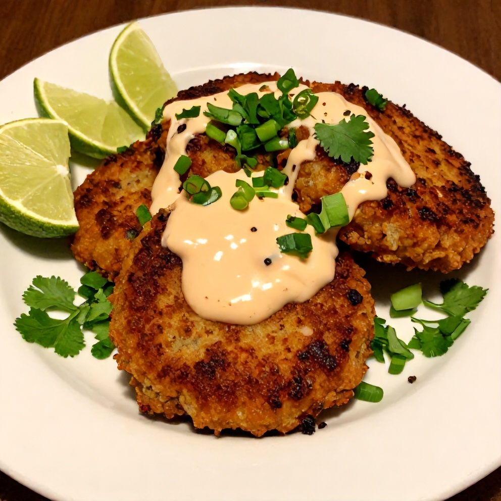 Plated Crispy Asian Tuna Cakes with Spicy Sriracha Aioli