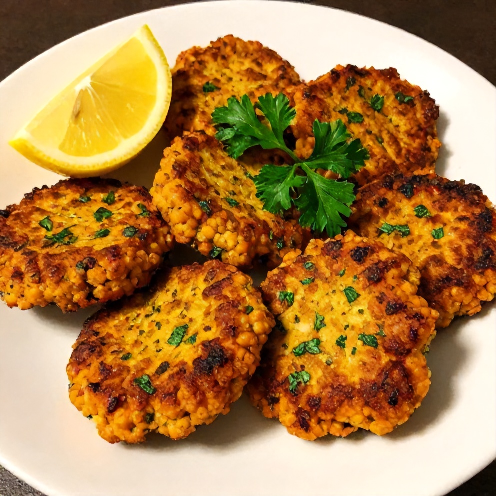 Crispy baked chickpea patties with fresh herbs and a lemon wedge on a plate
