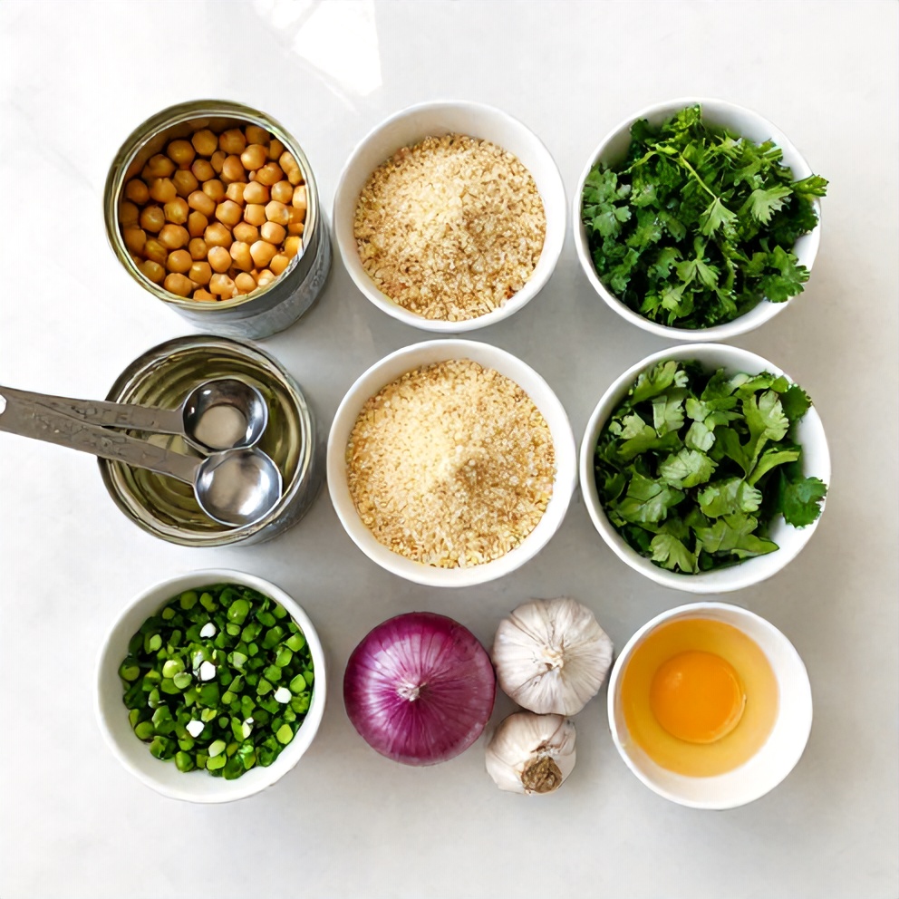 Chickpea patties ingredients: canned chickpeas, breadcrumbs, fresh herbs, spices, and an egg