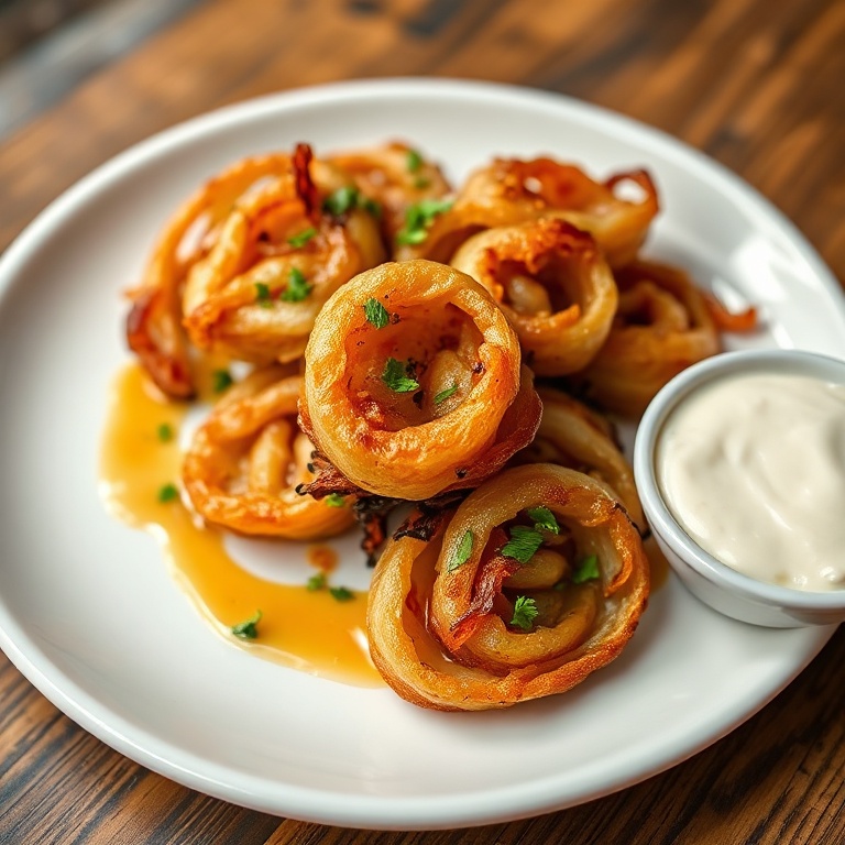 Crispy Bite-Sized Blooming Onions plated on a white dish with a drizzle of sauce. Herbs and a side of dip visible.