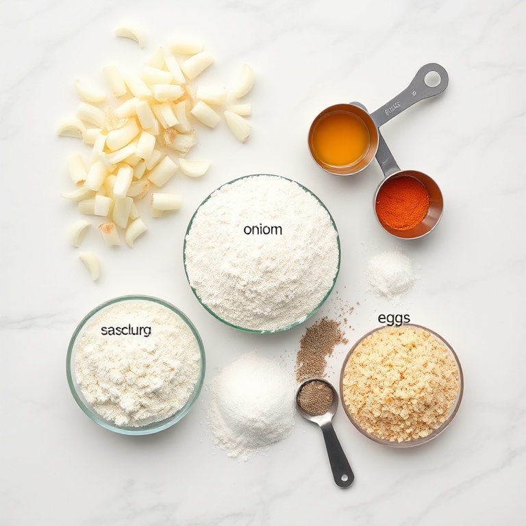Raw onions, flour, eggs, breadcrumbs, and seasoning arranged in a flat lay. Measuring tools and bowls visible. Bright natural light.
