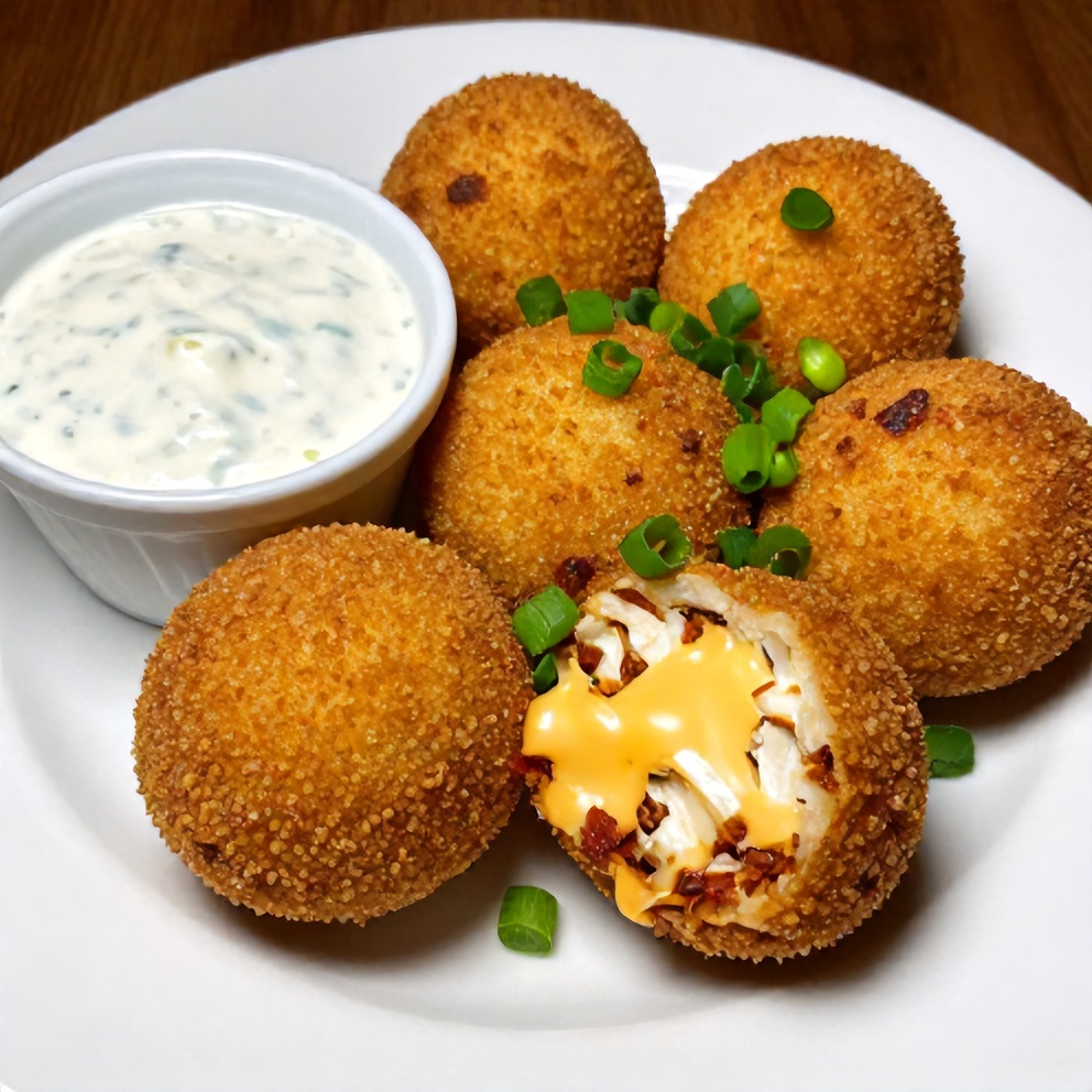 Plated Buffalo Chicken Bacon Mozzarella Bombs with ranch dressing