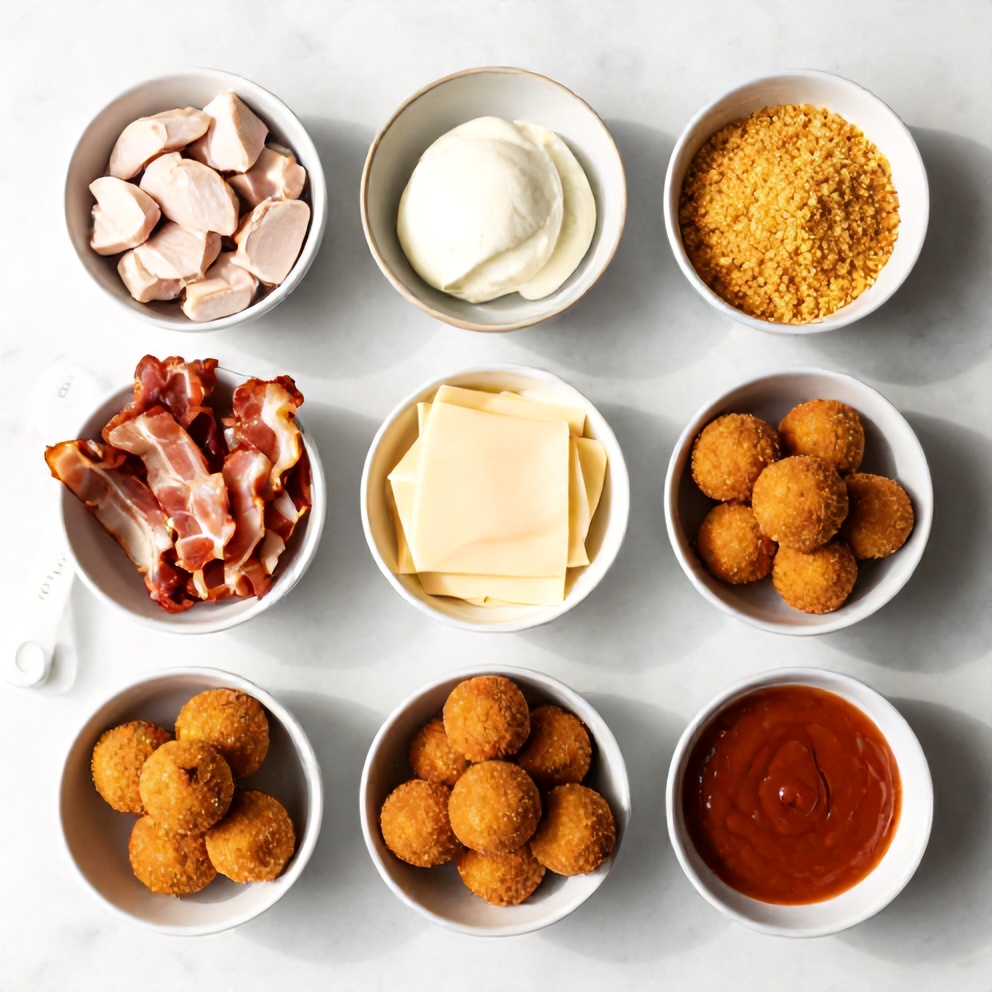 Ingredients for Buffalo Chicken Bacon Mozzarella Bombs on a marble surface