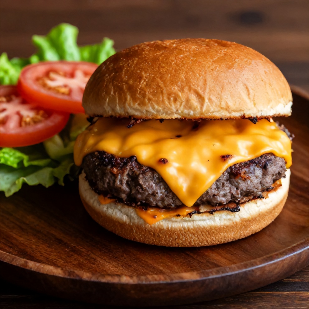Plated Cheddar Jalapeño Burger with lettuce and tomato