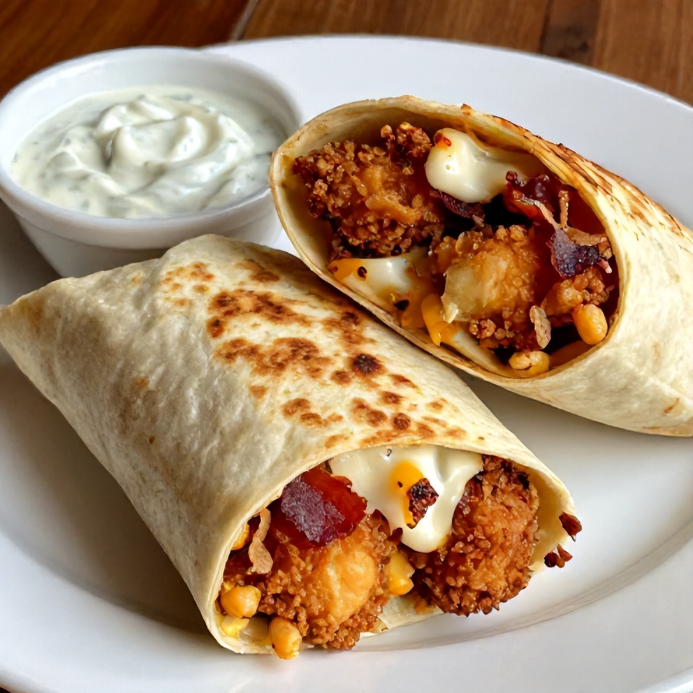 Crispy Chicken Bacon Ranch Wrap on a white plate with a side of ranch dressing
