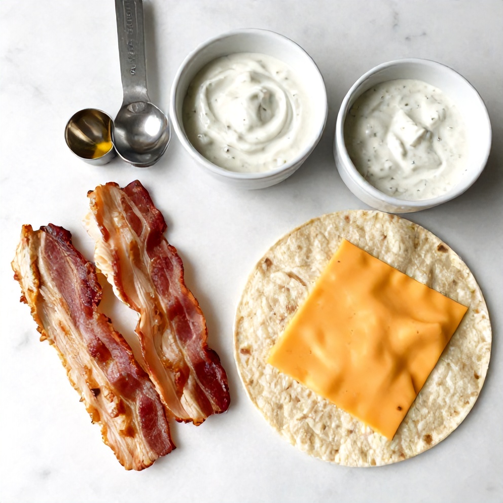 Raw ingredients for Crispy Chicken Bacon Ranch Wrap on a white marble surface