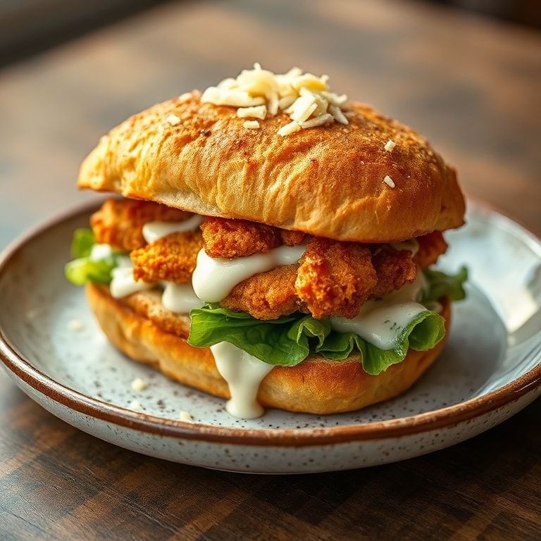 Plated Crispy Chicken Caesar Sandwich garnished with Parmesan shavings on a rustic ceramic plate