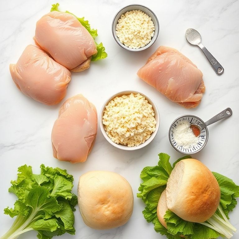 Raw ingredients for Crispy Chicken Caesar Sandwich including chicken breasts, romaine lettuce, Caesar dressing, Parmesan cheese, and sandwich buns arranged overhead