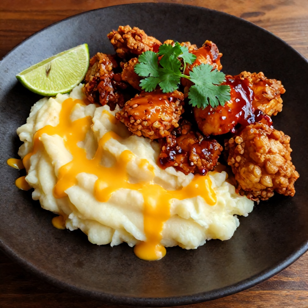 Plated serving of Crispy Chipotle Honey Chicken with Smoked Gouda Mashed Potatoes
