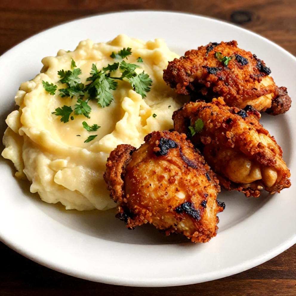 Finished Crispy Chipotle Honey Chicken Thighs with Gouda Mashed Potatoes