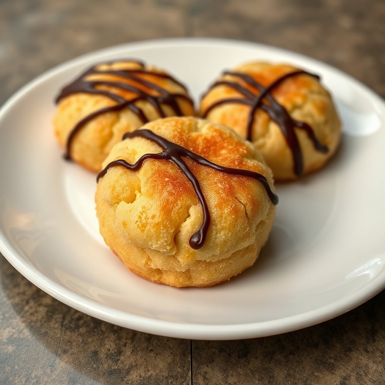 Creme Brûlée Cookies plated on a white ceramic plate. Caramelized sugar topping with a shiny, crackled surface and a chocolate drizzle.