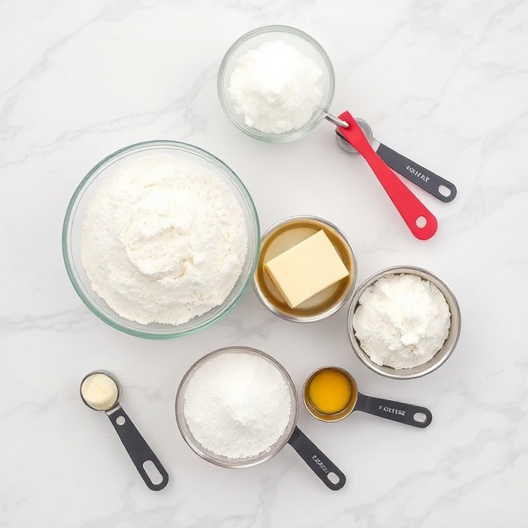 Raw ingredients for Creme Brûlée Cookies: flour, sugar, butter, egg, and a small sugar topping. Measuring tools and bowls arranged in a flat lay.