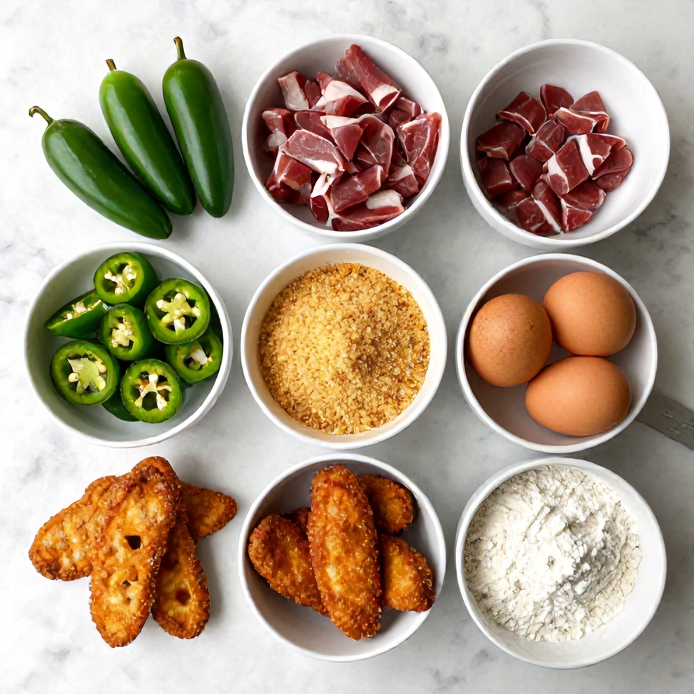 Raw ingredients for Crispy Deer Tenderloin Jalapeño Poppers on a marble surface