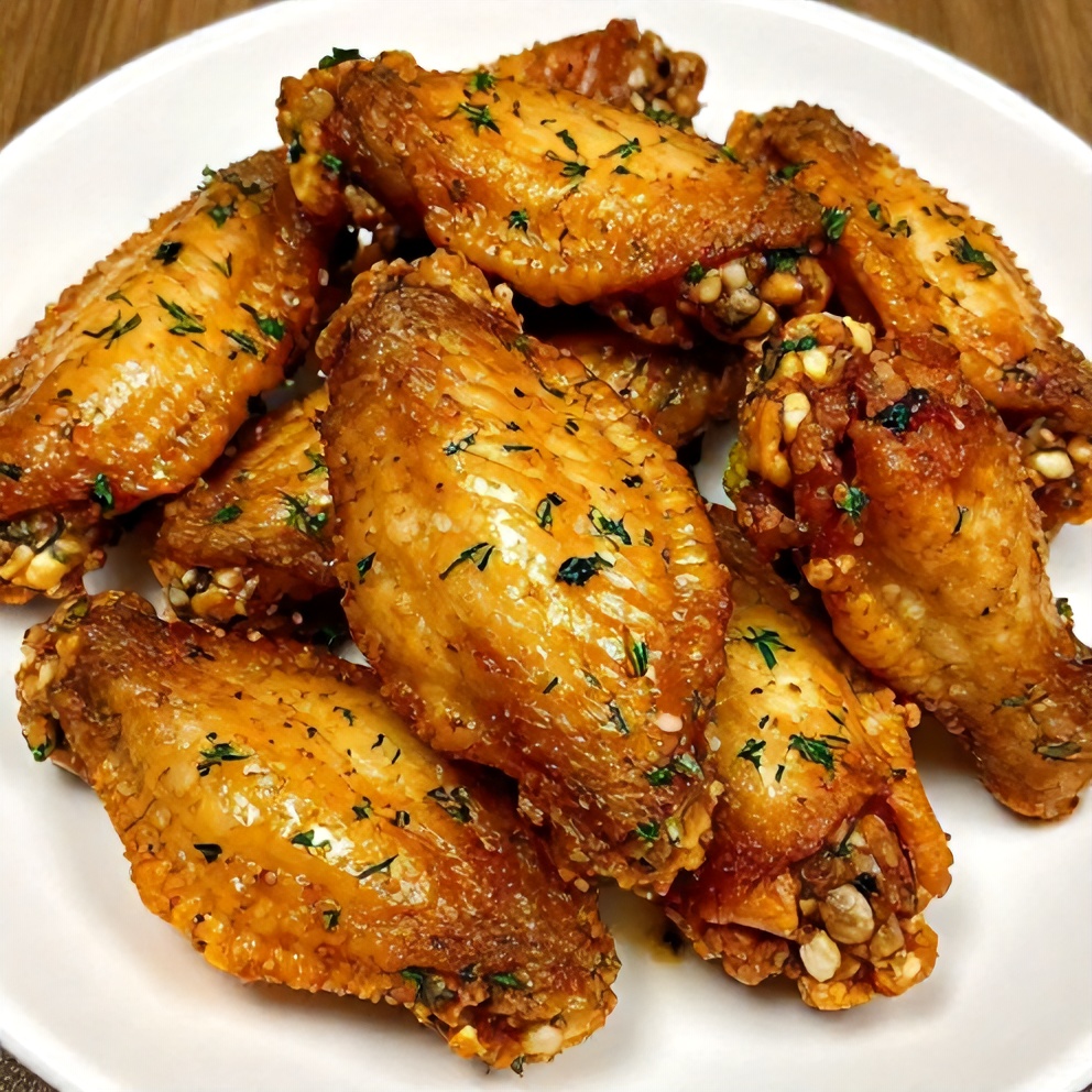 A perfectly plated serving of crispy dill pickle chicken wings on a white plate, garnished with fresh dill, under warm side lighting.