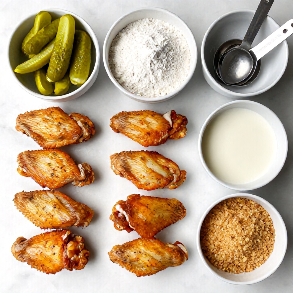 All raw ingredients for crispy dill pickle chicken wings arranged on a white marble surface with prep bowls and measuring spoons.