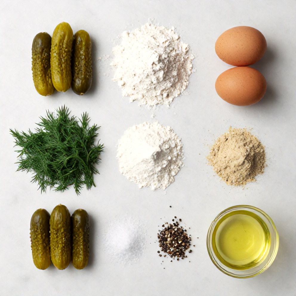 Dill pickle fritters ingredients on a marble counter