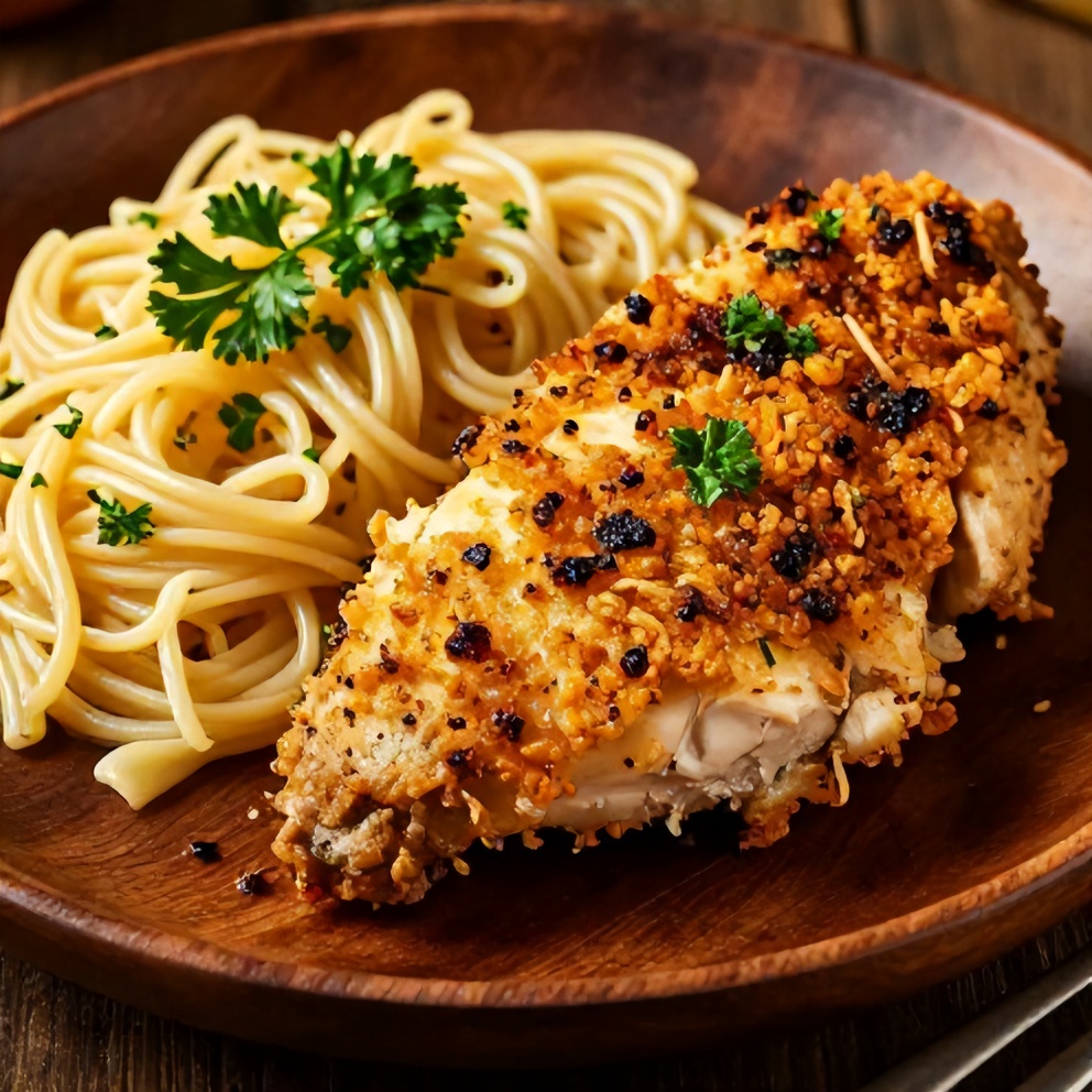 Crispy Dill Pickle Parmesan Chicken with a side of pasta