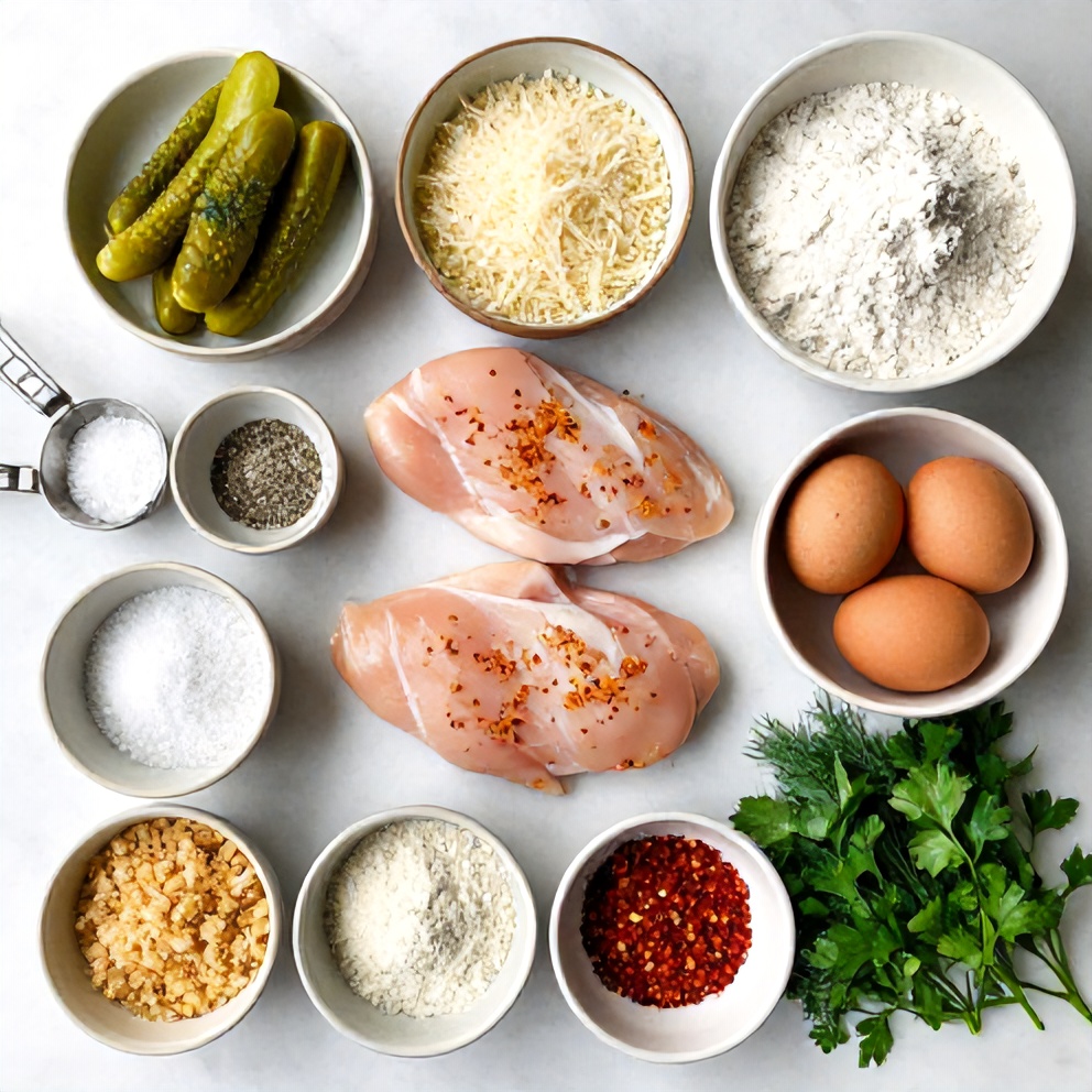 Raw ingredients for Crispy Dill Pickle Parmesan Chicken