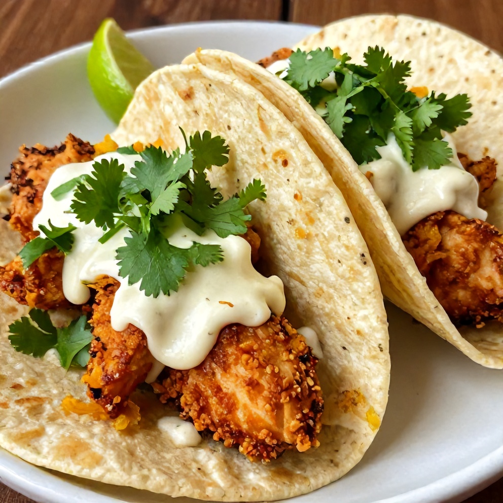 Perfect plated Crispy Dill Pickle Ranch Chicken Tacos. Garnished with cilantro and lime.
