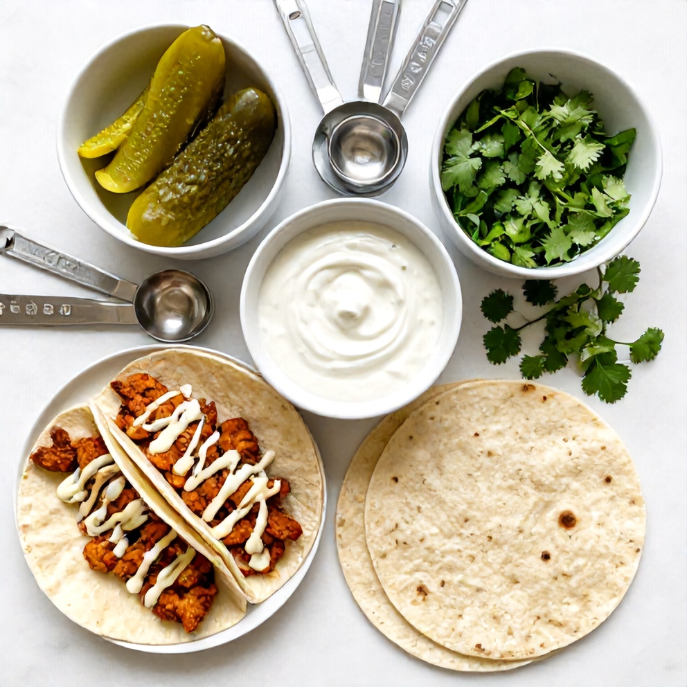 All ingredients for Crispy Dill Pickle Ranch Chicken Tacos. Chicken, dill pickles, ranch, tortillas, and cilantro in a flat lay.