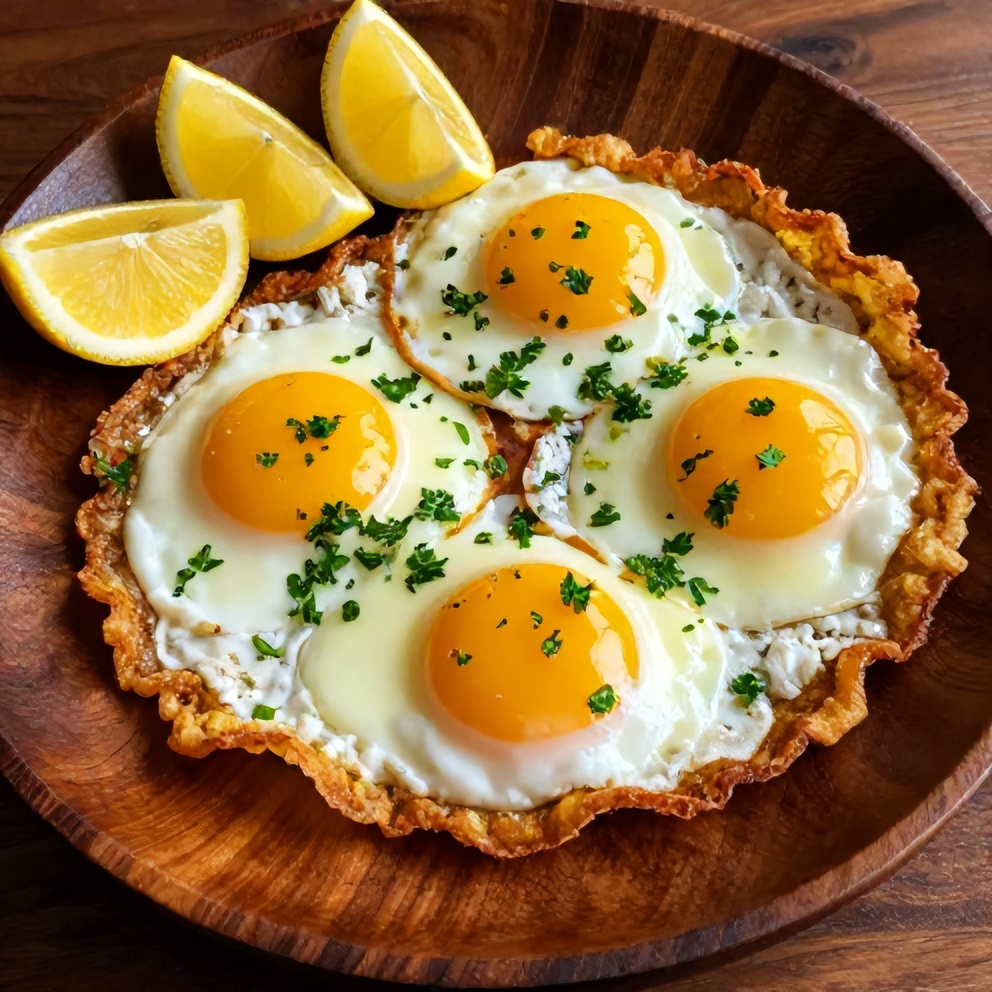 Crispy Feta Fried Eggs plated with garnish
