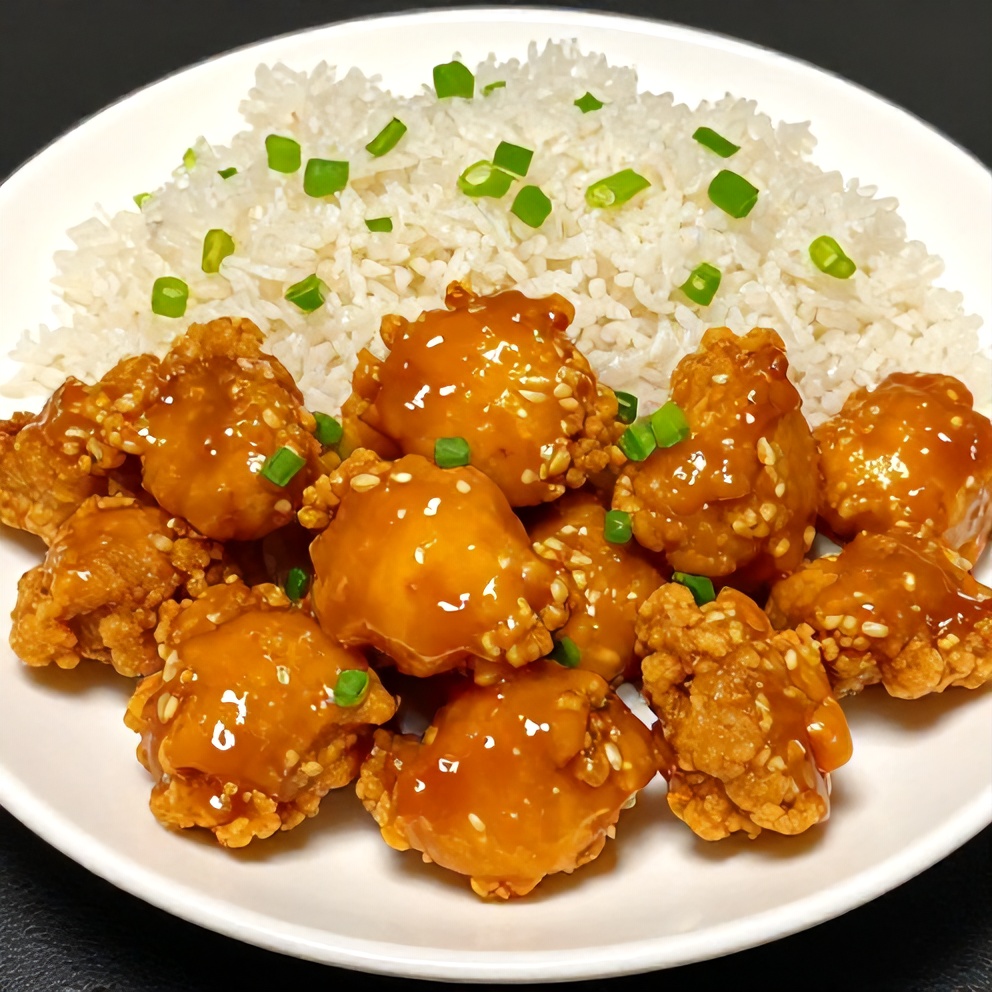 Plate of Crispy Gluten-Free Orange Chicken with steamed rice and green onions