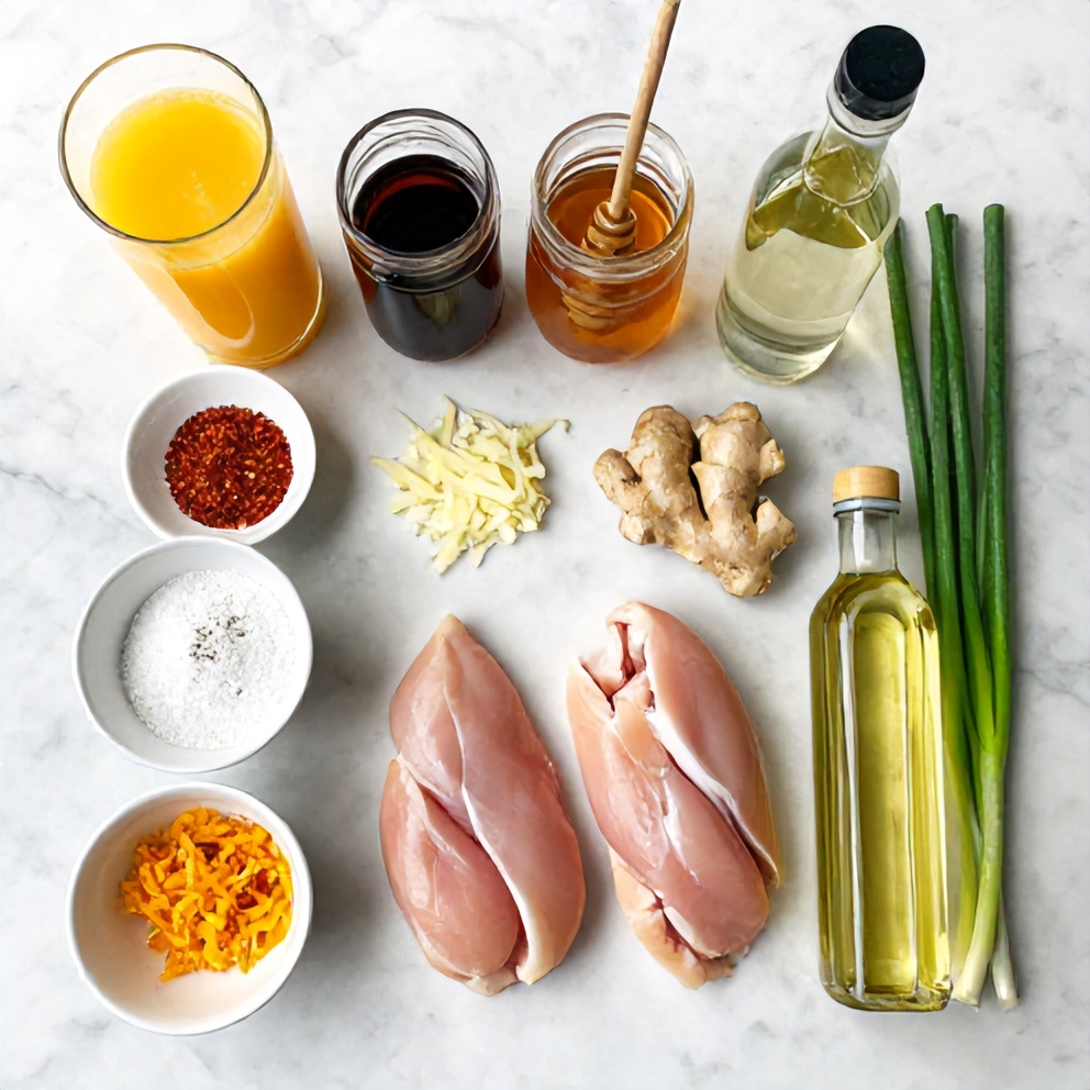 Ingredients for Crispy Gluten-Free Orange Chicken laid out on a marble counter