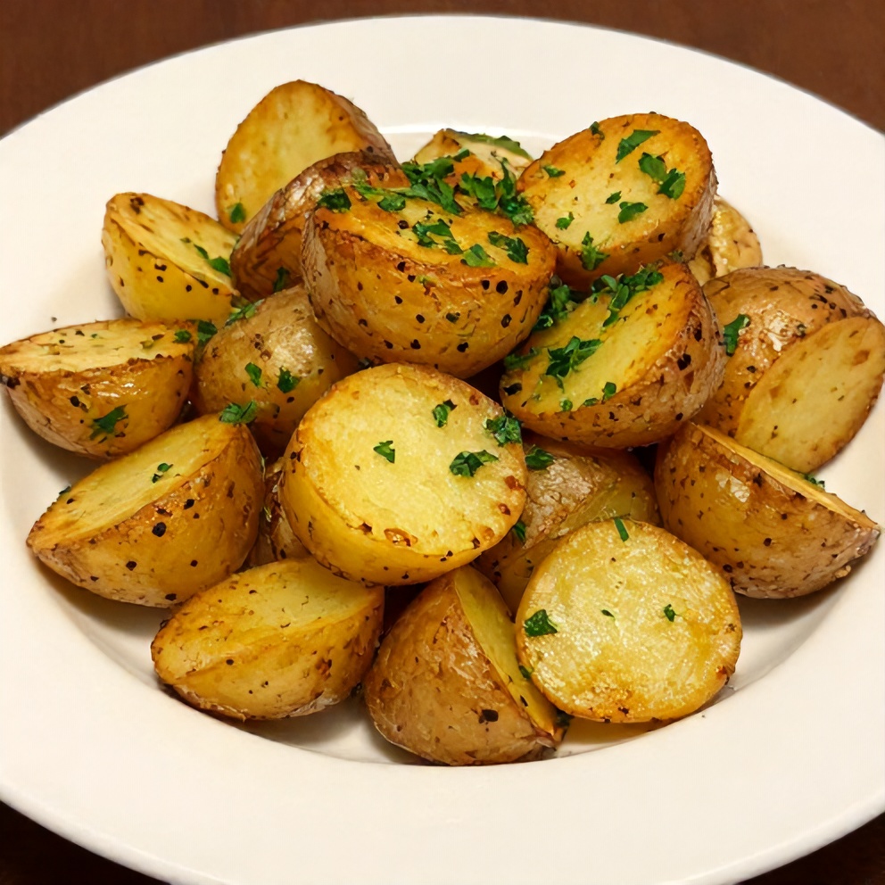Crispy Greek Lemon Potatoes plated with fresh parsley