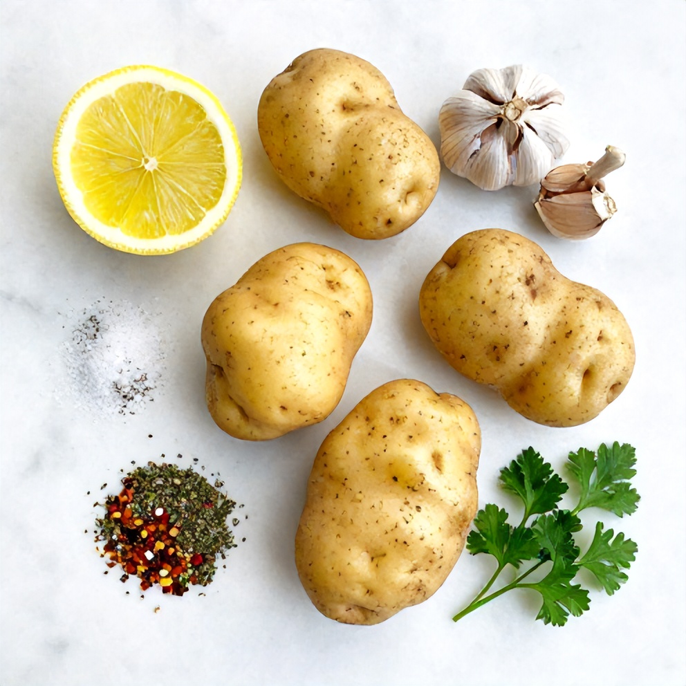 Raw ingredients for Greek Lemon Potatoes on a white marble surface