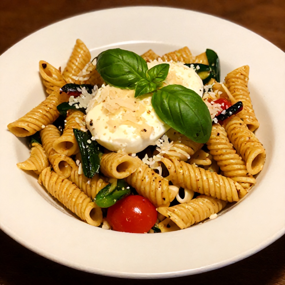 Plated Crispy Italian Pasta Salad with Mozzarella and Veggies