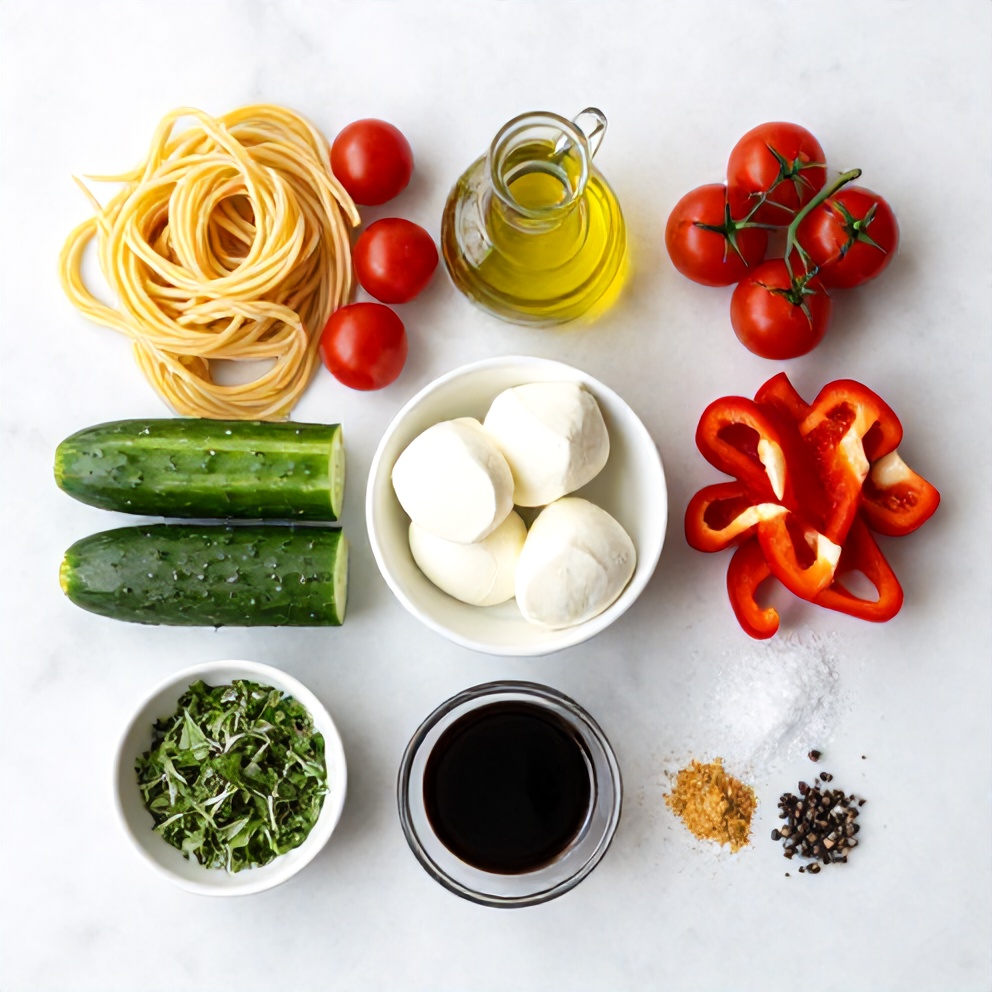 Raw ingredients for Crispy Italian Pasta Salad with Mozzarella and Veggies