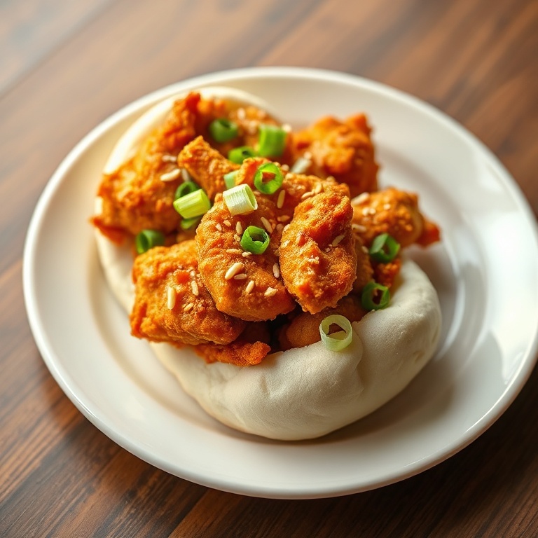 Perfect plated serving of crispy Korean fried chicken bao buns garnished with sliced green onions on a white ceramic plate