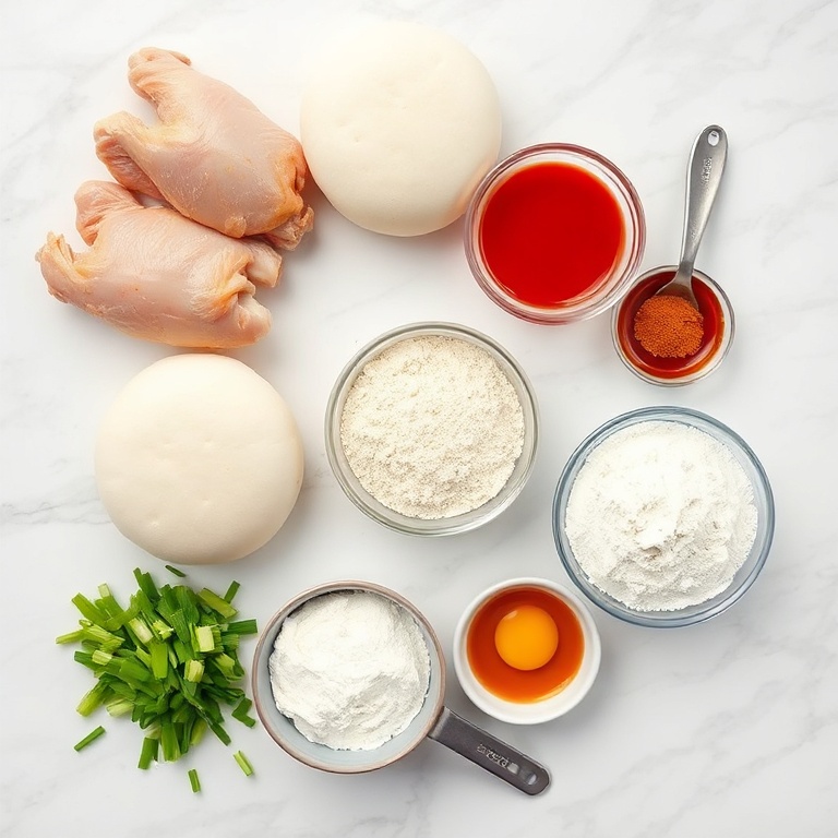 Overhead view of raw chicken pieces, bao buns, flour, spices, green onions, and garlic in prep bowls on white marble surface