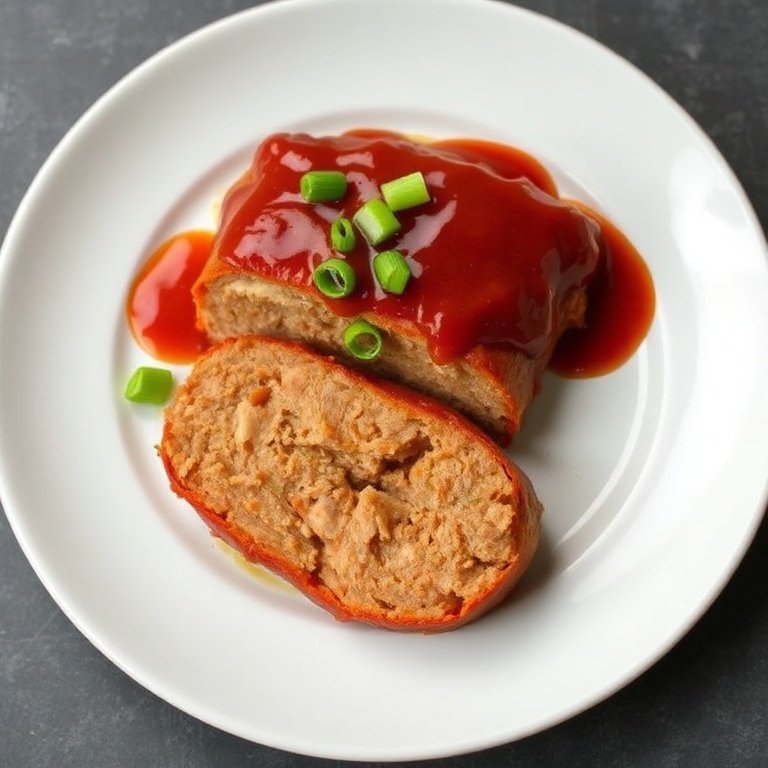Perfectly plated Korean Pork Meatloaf with Gochujang Glaze. Garnished with green onions on a white porcelain plate.