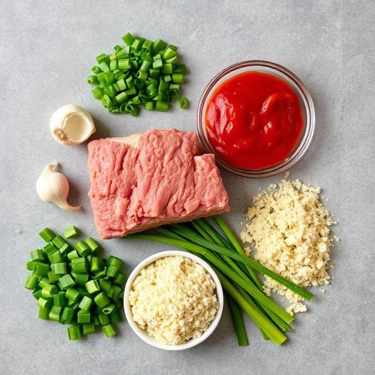 Raw ingredients for Korean Pork Meatloaf. Ground pork, gochujang, garlic, green onions, and breadcrumbs arranged in a flat lay.