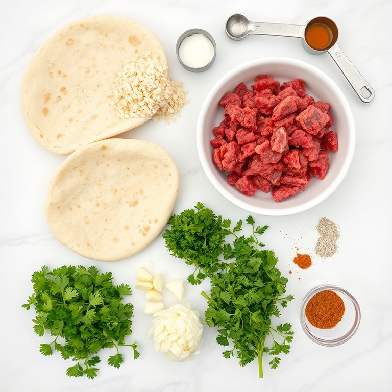 All raw ingredients for Crispy Lebanese Arayes. Ground beef, pita bread, onions, garlic, parsley, and spices arranged as an overhead flat lay. Measuring spoons and cups visible. White marble surface. Bright even light.