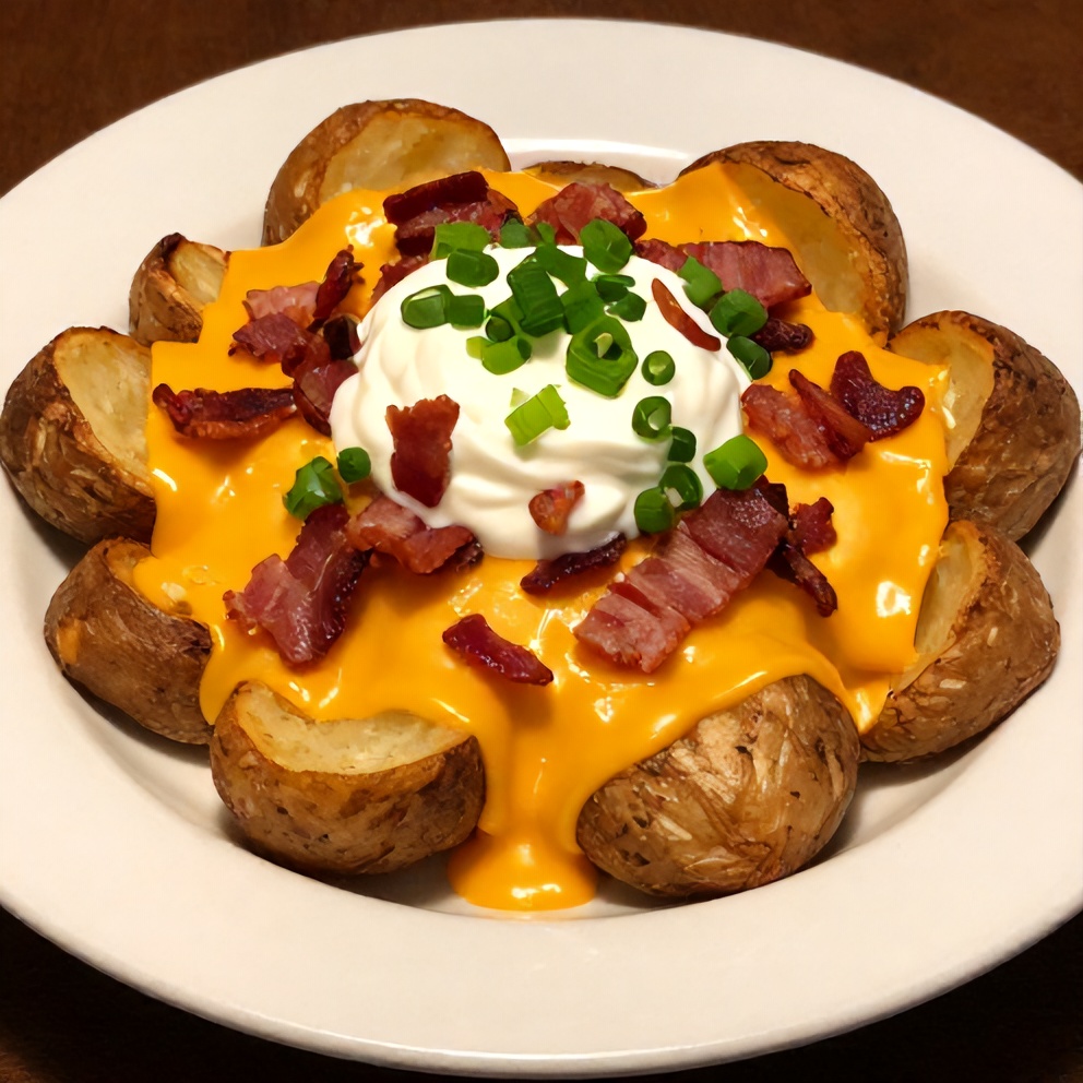 Plated Crispy Loaded Baked Potatoes with Cheddar and Bacon