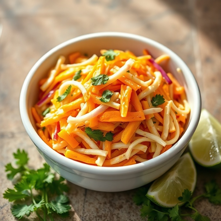 Crispy mango slaw in a white bowl with cilantro and lime on the side