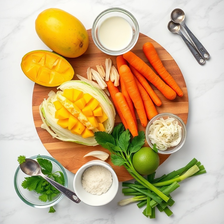 Fresh mango, cabbage, carrots, green onions, and lime on a wooden board with measuring cups and bowls