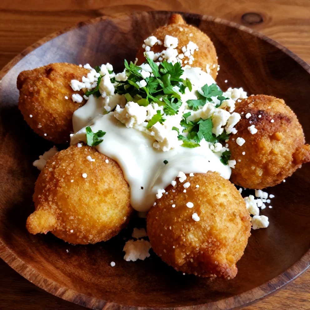 Plated Mexican Street Corn Fritters with Spicy Lime Sauce